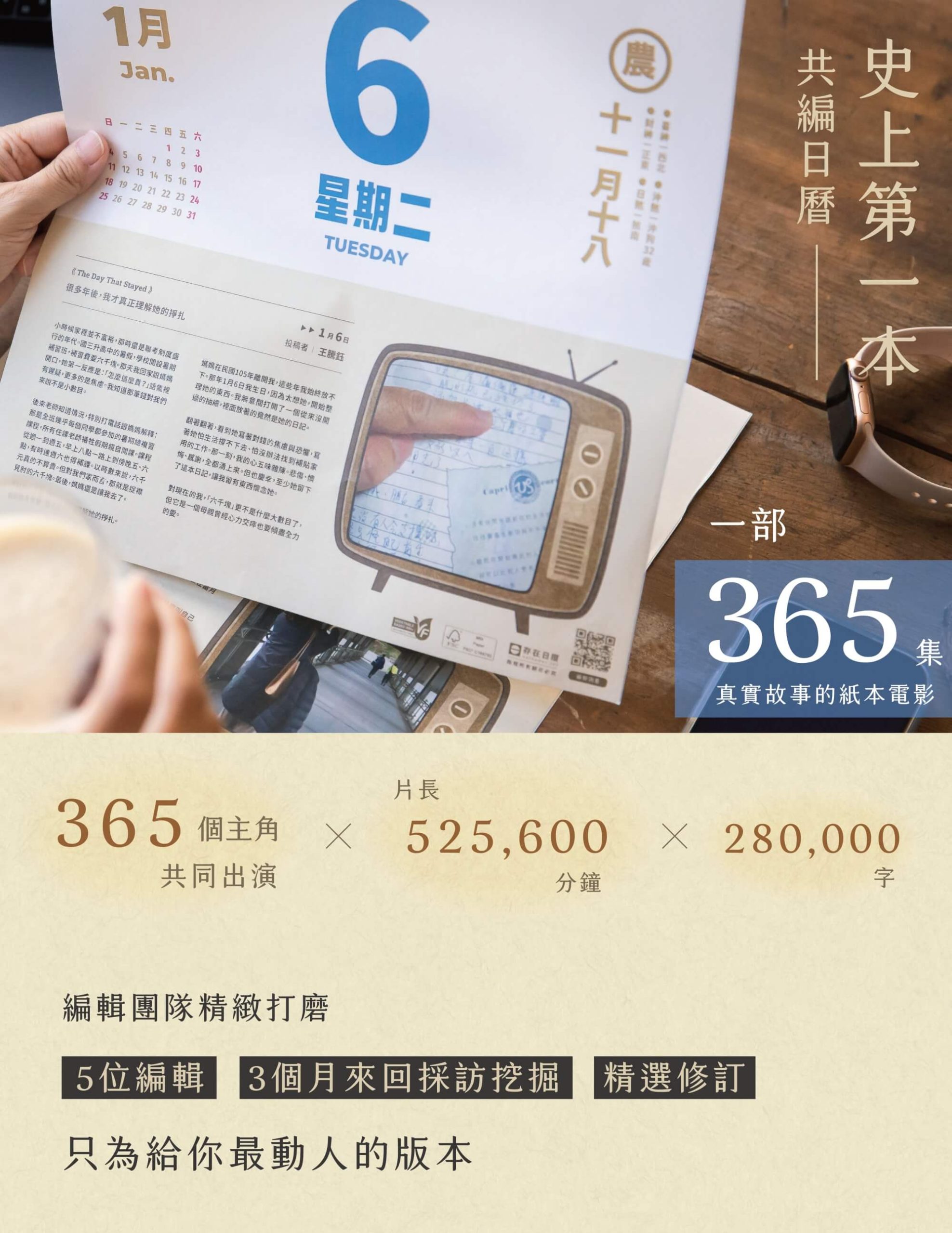 2026共編曆-365個主角共同出演、片長525,600分鐘、280,000字。編輯團隊精緻打磨，5位編輯，3個月來回採訪挖掘，精選修訂，只為給你最動人的版本。